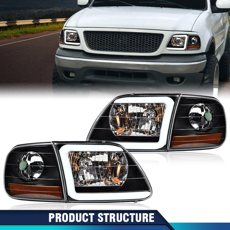 PIT66 LED DRL Headlights Assembly w/Corner Parking Lights Fit 1997-2003 Ford F150 /2004 F150 Heritage /98-99 F250 /97-02 Expedition Black Housing Amber Reflector - Image 2