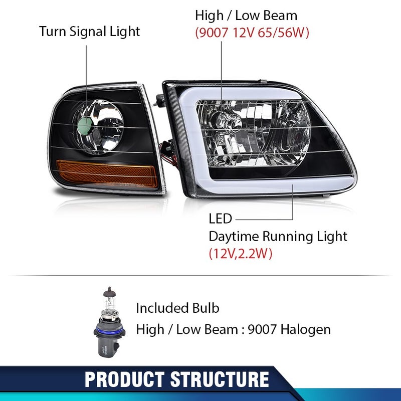 PIT66 LED DRL Headlights Assembly w/Corner Parking Lights Fit 1997-2003 Ford F150 /2004 F150 Heritage /98-99 F250 /97-02 Expedition Black Housing Amber Reflector - Image 5