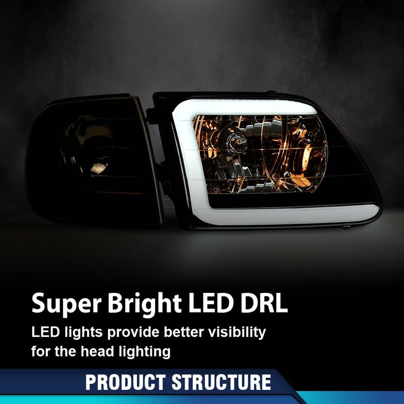 PIT66 LED DRL Headlights Assembly w/Corner Parking Lights Fit 1997-2003 Ford F150 /2004 F150 Heritage /98-99 F250 /97-02 Expedition Black Housing Amber Reflector - Image 4
