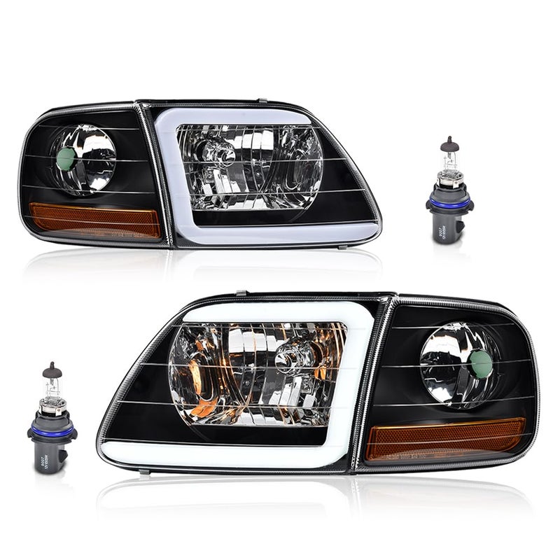 PIT66 LED DRL Headlights Assembly w/Corner Parking Lights Fit 1997-2003 Ford F150 /2004 F150 Heritage /98-99 F250 /97-02 Expedition Black Housing Amber Reflector - Image 1