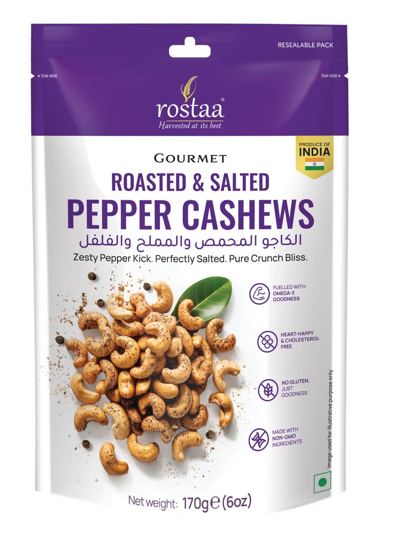 Rostaa Roasted & Salted Pepper Cashews 170g – Spicy Savory Nut Snack - Image 1