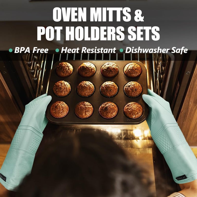 Rorecay 6pcs Oven Mitts and Pot Holders Sets Heat Resistant 500 Degrees, Extra Long Silicone Oven Gloves Non-Slip Potholders Hot Pads for Kitchen Baking Cooking, Quilted Liner, Bermuda Teal - Image 2