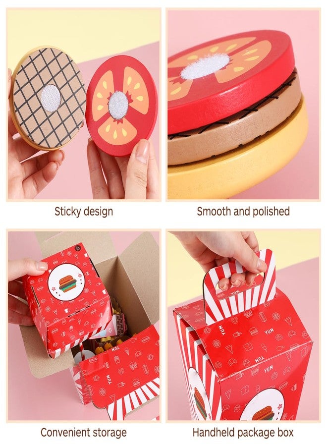 TOYANDONA Wooden Fast Food Burger Fries Deluxe Dinner Set, Kitchen Pretend Play Accessories Toy, Realistic Burger Fries Pretend Play Food Set Toy House Props Educational - Image 5