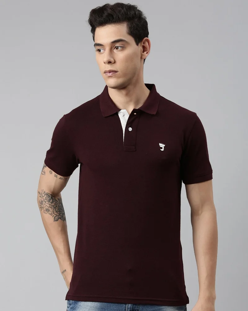 Joven Men Maroon Solid Polo Collar Pure Cotton T-Shirt
