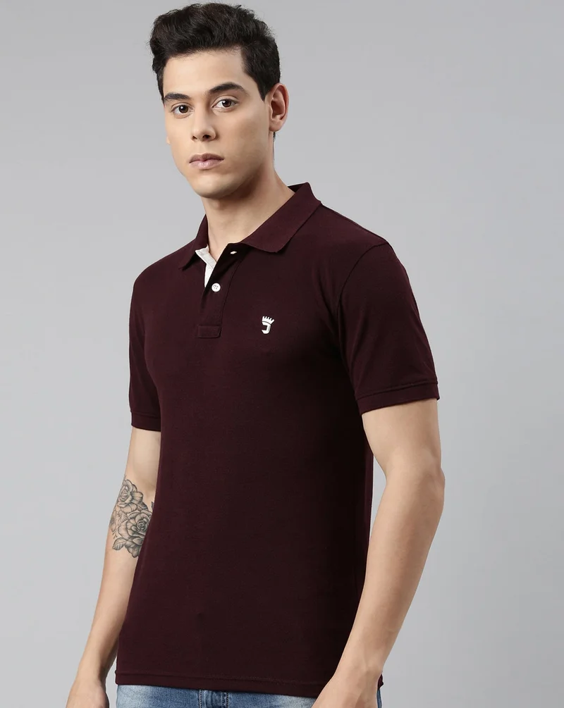 Joven Men Maroon Solid Polo Collar Pure Cotton T-Shirt