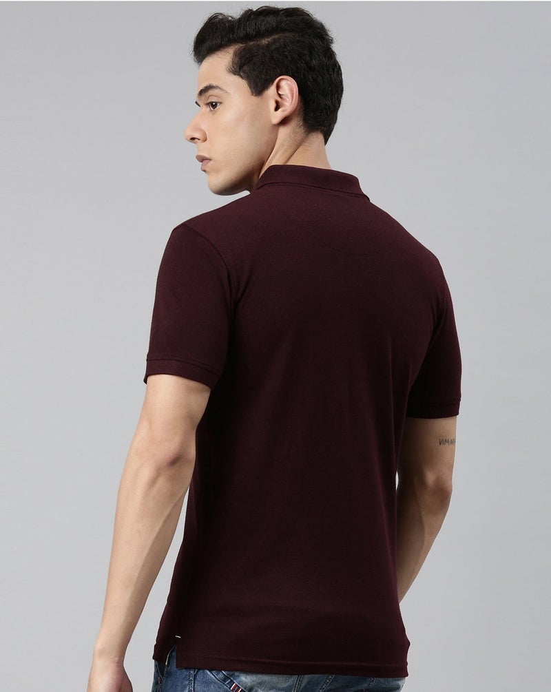 Joven Men Maroon Solid Polo Collar Pure Cotton T-Shirt - Image 2