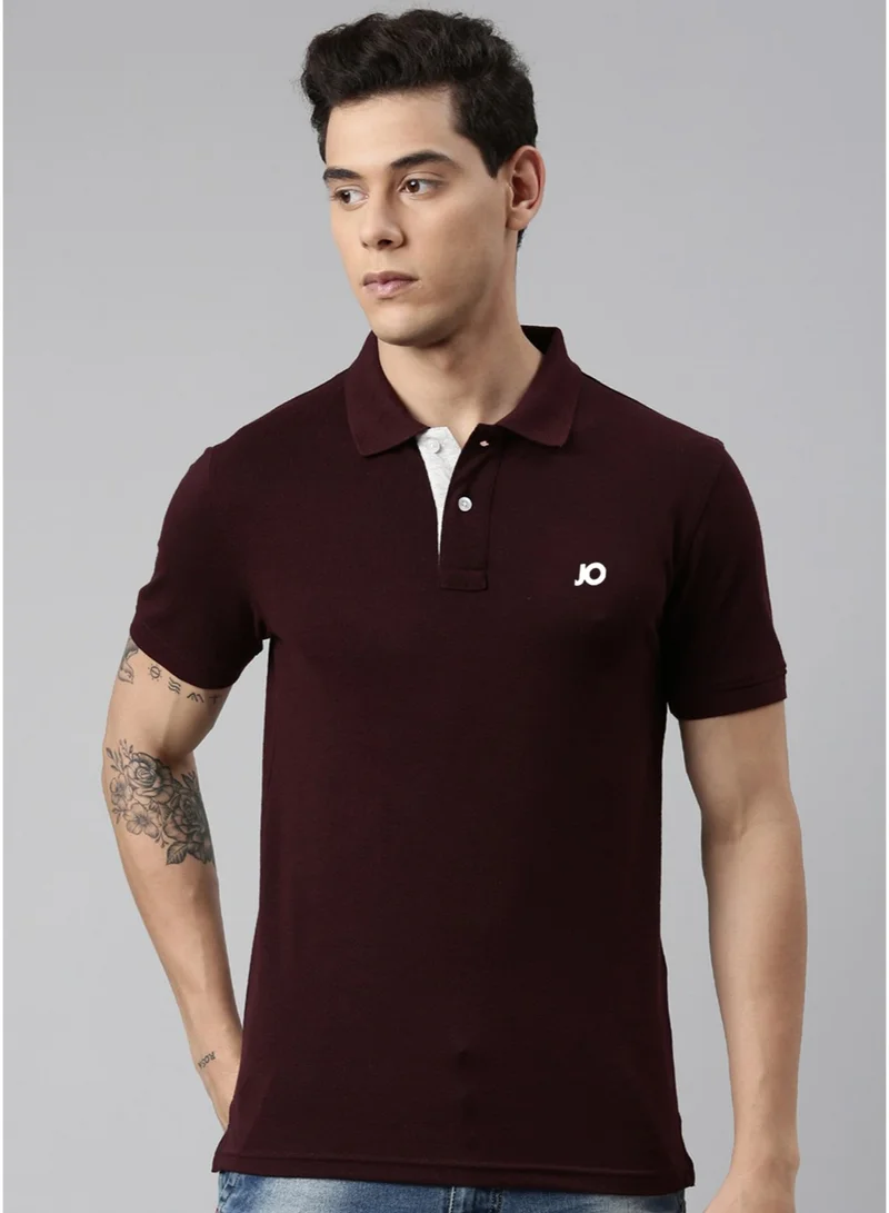 Joven Men Maroon Solid Polo Collar Pure Cotton T-Shirt