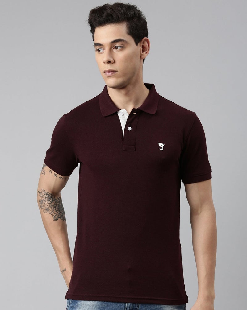 Joven Men Maroon Solid Polo Collar Pure Cotton T-Shirt - Image 1