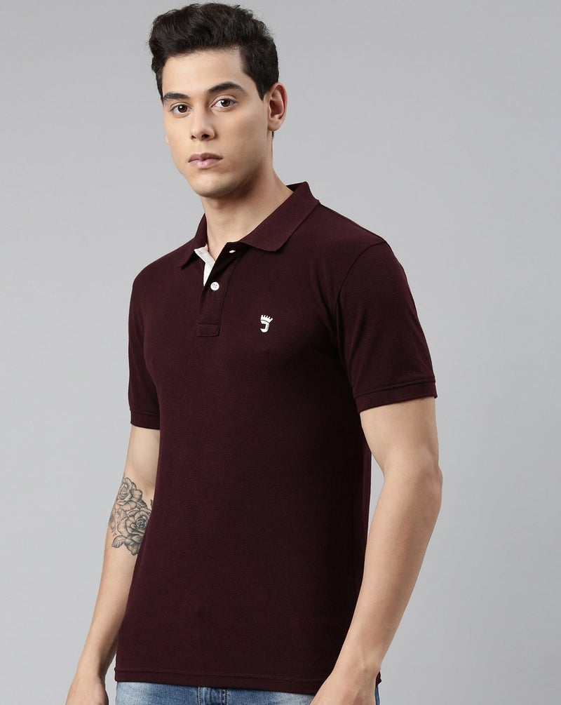 Joven Men Maroon Solid Polo Collar Pure Cotton T-Shirt - Image 3