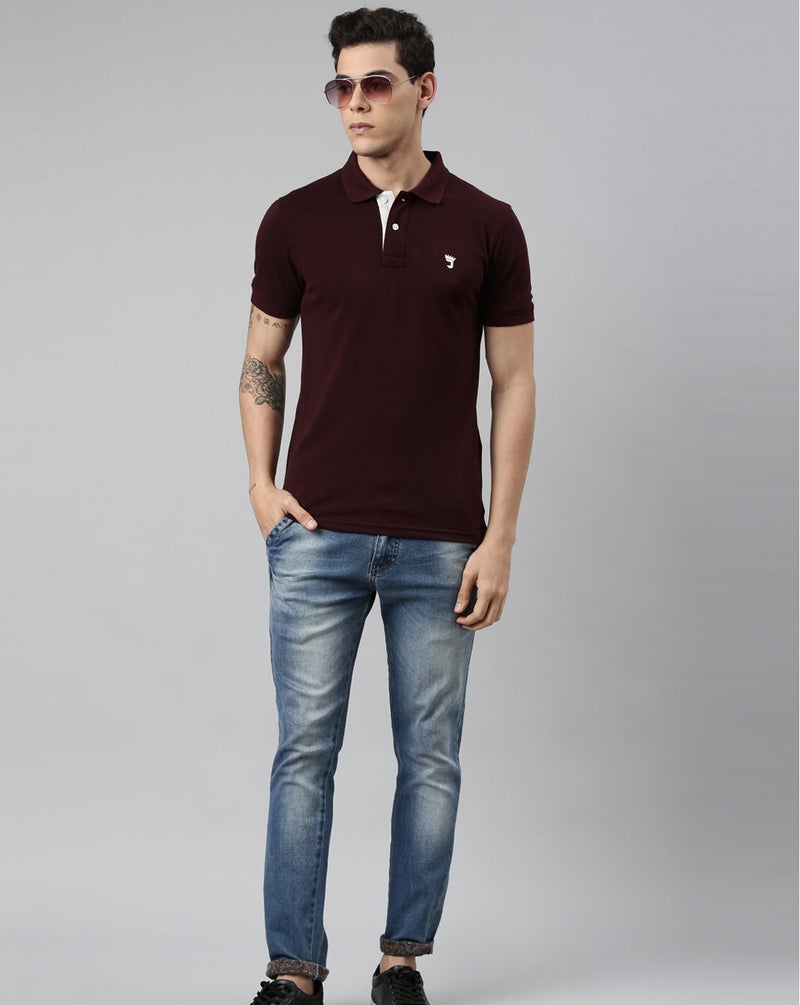 Joven Men Maroon Solid Polo Collar Pure Cotton T-Shirt - Image 5