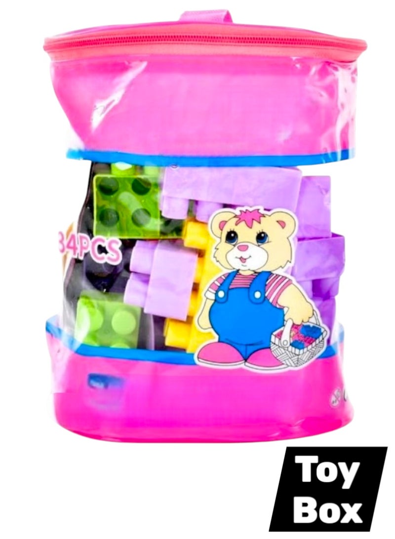 Toy Box 30 Piece Building Blocks Set With Pink Storage Bag 