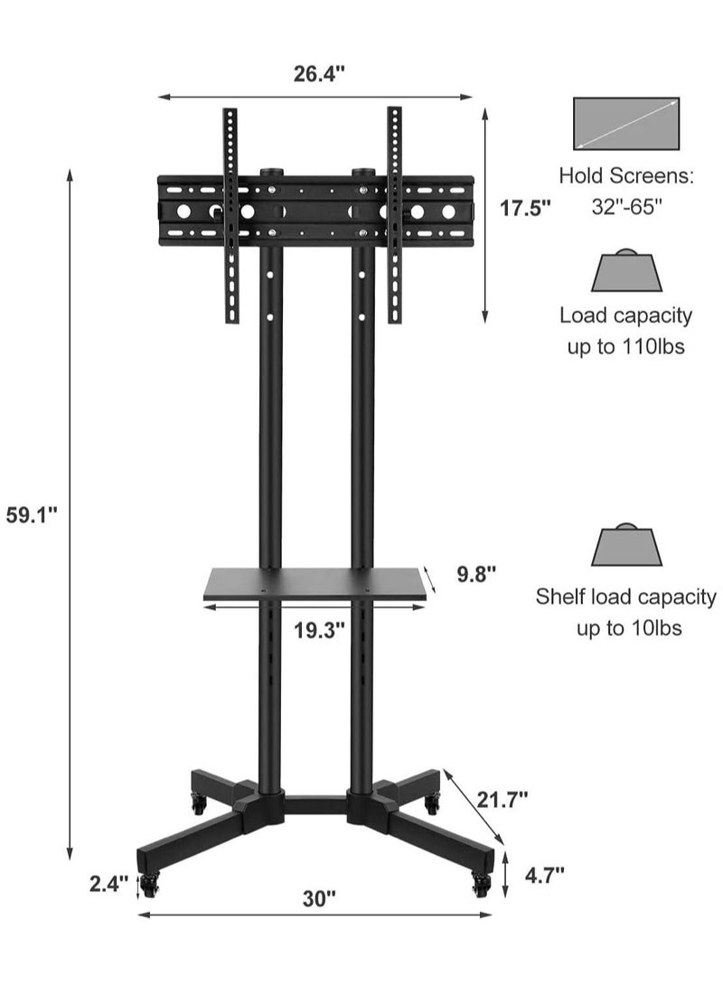 Gravity Mobile Rolling TV Cart with Lockable Wheels for 32-65inch LED Screen AV Carts & Stands, Tall TV Stand with Mount Height Adjustable Floor TV Stand Holds Up to 50KG Max VESA 600x400mm - Image 3