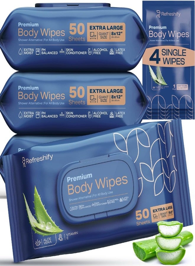 REFRESHIFY XL Aloe Vera Shower Body Wipes for Adults 8" x 12" (200 count) Adult Wipes for Elderly, Shower Body Wipes for Adults Bathing No Rinse, Vitamin E +4 Travel wipe - Image 1