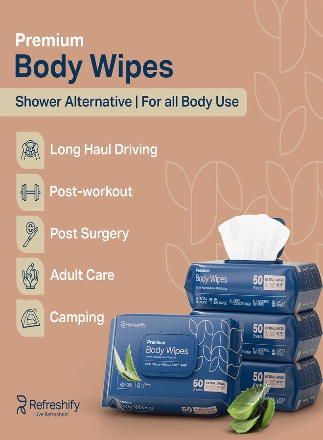 REFRESHIFY XL Aloe Vera Shower Body Wipes for Adults 8" x 12" (200 count) Adult Wipes for Elderly, Shower Body Wipes for Adults Bathing No Rinse, Vitamin E +4 Travel wipe - Image 2