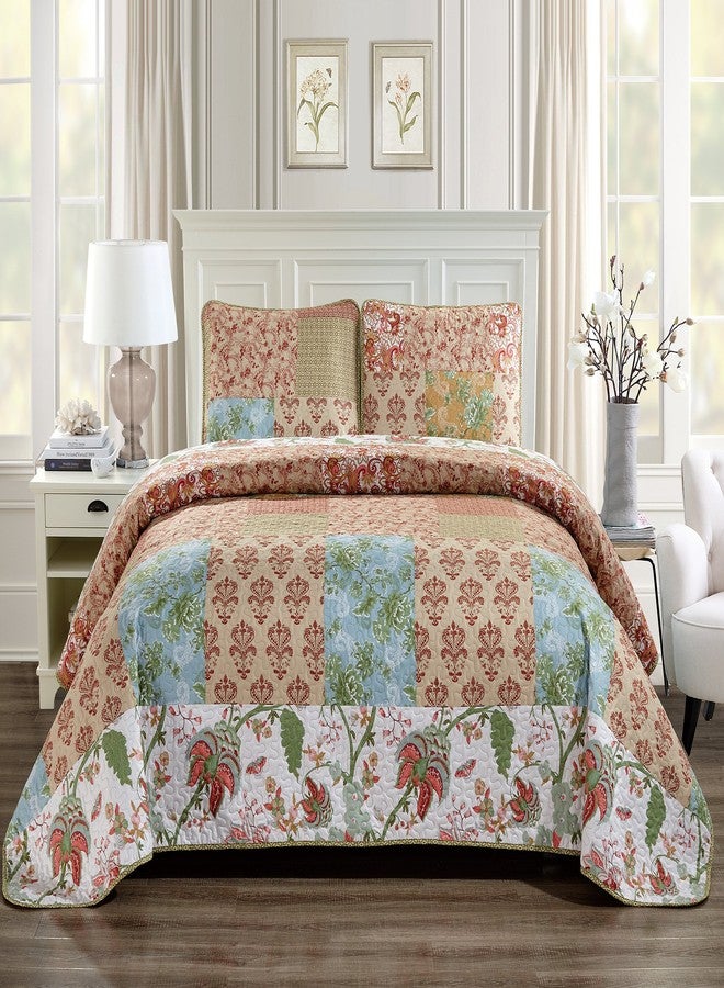 Quilted Bedspread Set Oversized Coverlet Floral Patchwork Beige Rust Light Blue Green White New (King/Cal King)