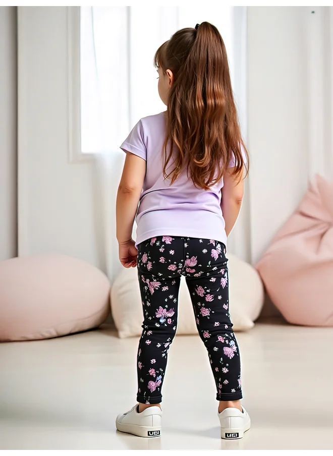 تايك تو Take Two Kids 2pcs Graphic Print Short Sleeve T-Shirt and Flora Print Leggings
