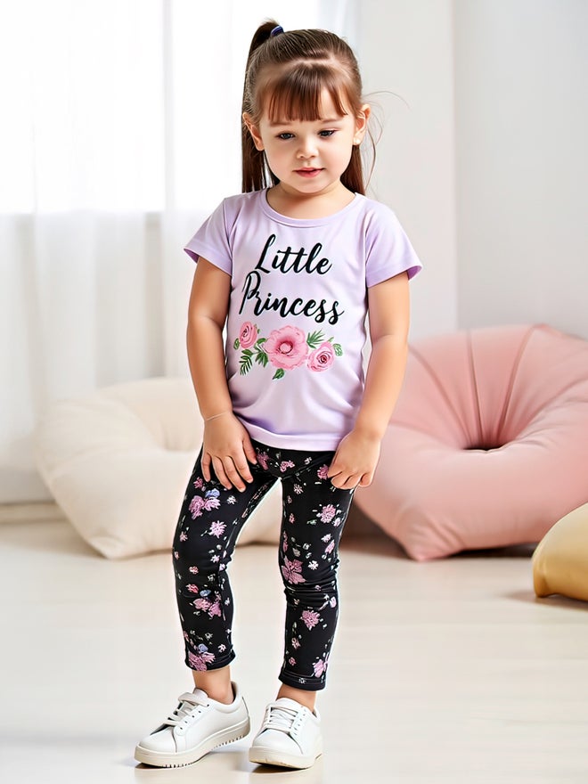 Take Two Take Two Kids 2pcs Graphic Print Short Sleeve T-Shirt and Flora Print Leggings  - Image 3