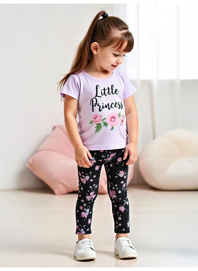 تايك تو Take Two Kids 2pcs Graphic Print Short Sleeve T-Shirt and Flora Print Leggings