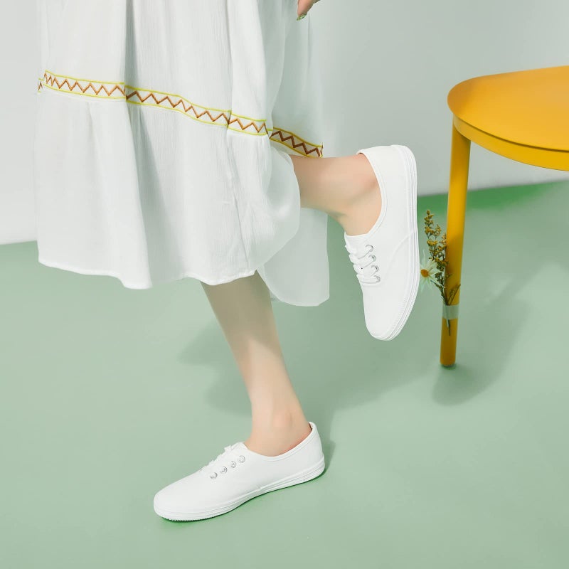 TUOPIN Womens White Canvas Sneakers Low Top Lace-up Canvas Shoes Lightweight Casual Tennis Shoes(White.US7) - Image 3