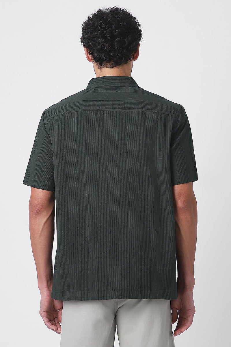 Peter England Men Olive Regular Fit Stripe Half Sleeves Casual Shirt - Image 3