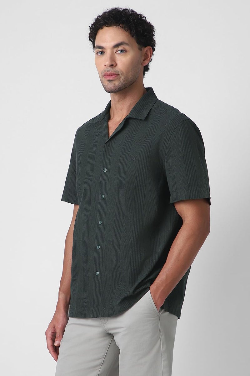 Peter England Men Olive Regular Fit Stripe Half Sleeves Casual Shirt - Image 2