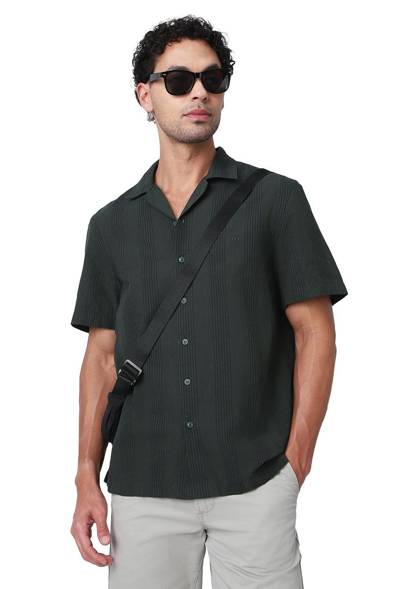 Peter England Men Olive Regular Fit Stripe Half Sleeves Casual Shirt - Image 1