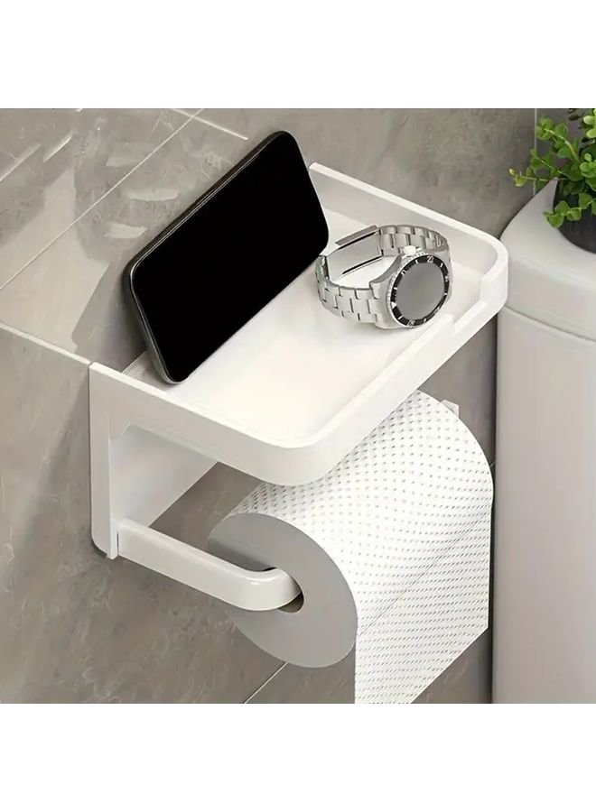 Black Wall Mounted Toilet Paper Holder With Phone Shelf Bathroom Organizer Space Saving Design - Image 1