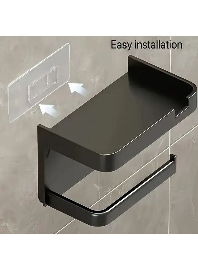 Black Wall Mounted Toilet Paper Holder With Phone Shelf Bathroom Organizer Space Saving Design - Image 4