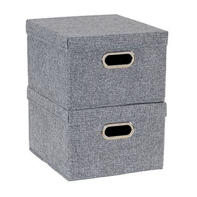 Household Essentials Collapsible Cotton Blend Storage Box with Lid and Metal Grommet Handle, Set of 2, Grey