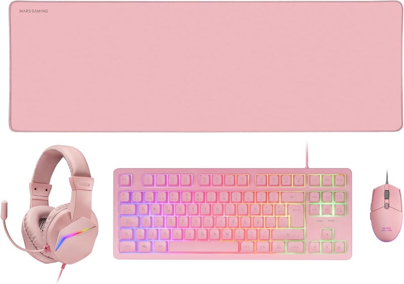 مارس_جيمنج مارس جيمنج MCP-RGB3 حزمة لوحة مفاتيح ألعاب RGB ثابتة + ماوس ألعاب RGB تدفق 3200 DPI + سماعات رأس فوق الأذن RGB + حصيرة ماوس XXL، وردي، لغة إسبانية - Image 1