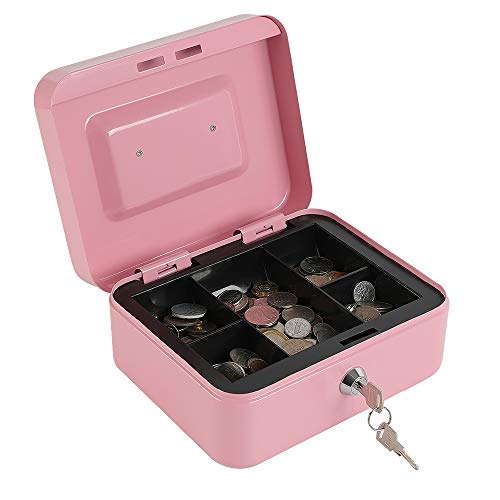 xydled Locking Steel Medium Cash Box with Removable Coin Tray and Key Lock,7.87"x 6.30"x 3.54",Pink - Image 2