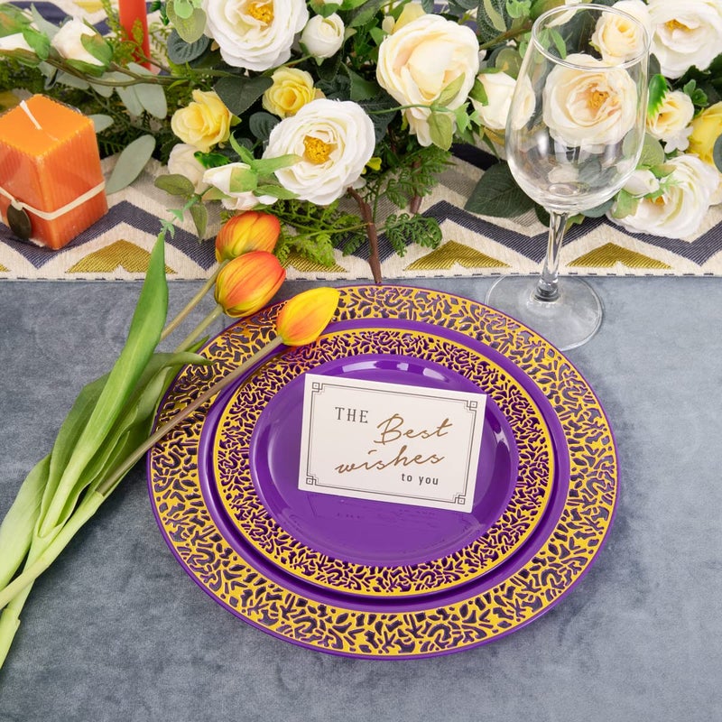 U-QE 150PCS Purple Gold Plastic Plates with Gold Plastic Silverware  Gold Plastic Plates for Party & Wedding Include 30 Dinner Plates 10.25""  30 Salad Plates 7.5""  30 Forks  30 Knives  30 Spoons - Image 2