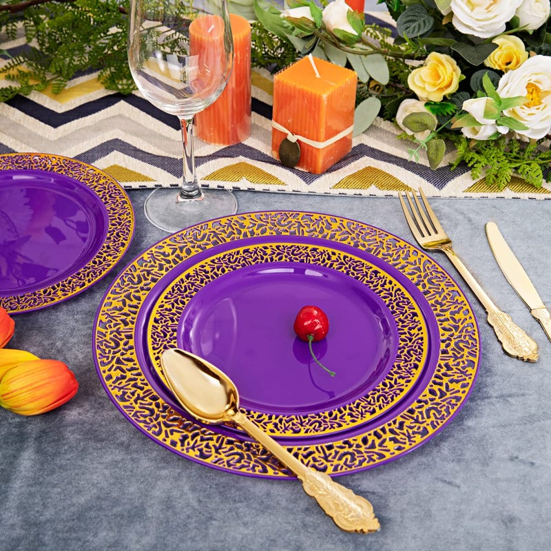 U-QE 150PCS Purple Gold Plastic Plates with Gold Plastic Silverware  Gold Plastic Plates for Party & Wedding Include 30 Dinner Plates 10.25""  30 Salad Plates 7.5""  30 Forks  30 Knives  30 Spoons - Image 3