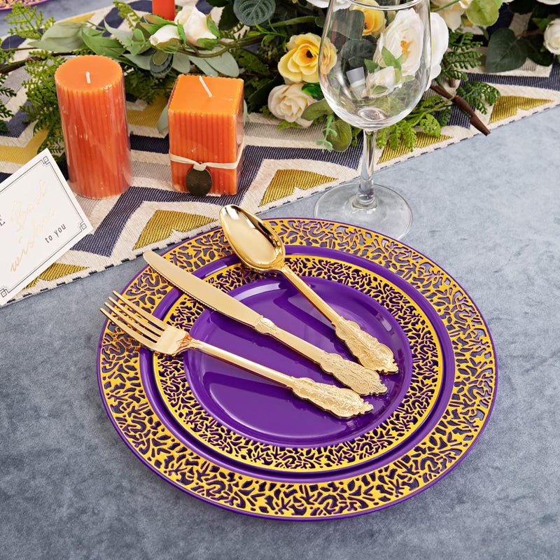 U-QE 150PCS Purple Gold Plastic Plates with Gold Plastic Silverware  Gold Plastic Plates for Party & Wedding Include 30 Dinner Plates 10.25""  30 Salad Plates 7.5""  30 Forks  30 Knives  30 Spoons - Image 4