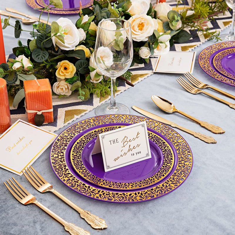 U-QE 150PCS Purple Gold Plastic Plates with Gold Plastic Silverware  Gold Plastic Plates for Party & Wedding Include 30 Dinner Plates 10.25""  30 Salad Plates 7.5""  30 Forks  30 Knives  30 Spoons - Image 5