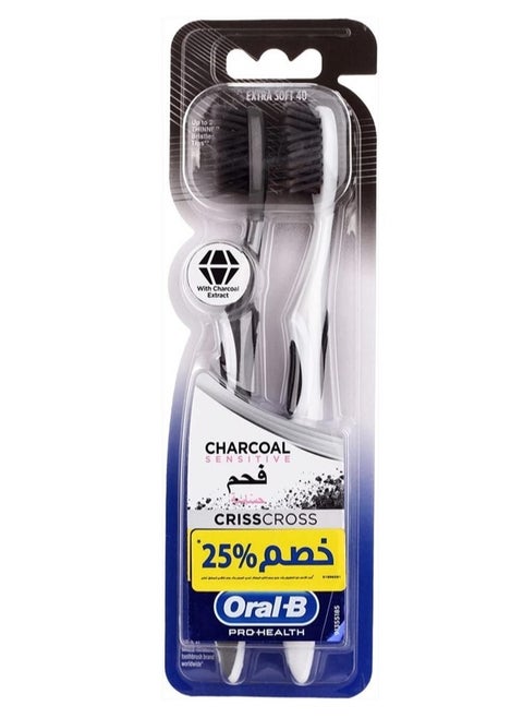Oral-B Pro-Health Criss Cross Charcoal Sensitive Extra Soft 40 Toothbrush, 1+1 Count