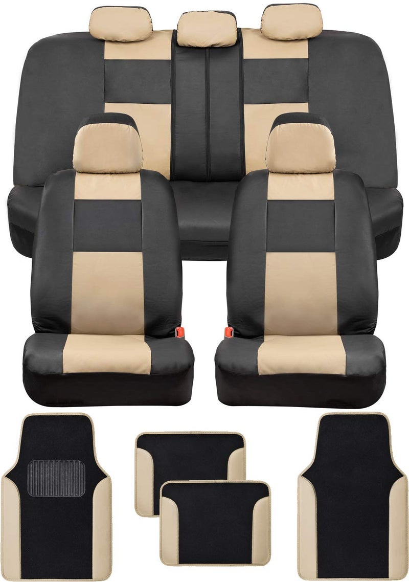 BDK Croc Skin Faux Leather Car Seat Covers Full Set with Carpet Car Floor Mats - Front and Rear Bench Seat Covers with Carpet Floor Liners, Car Interior Covers Gift Set (Beige) - Image 1