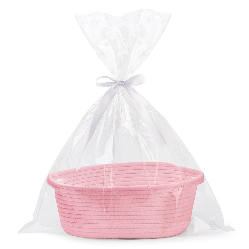 Pro Goleem Small Woven Basket with Gift Bags and Ribbons Durable Baskets for Gifts Empty Small Rope Basket for Storage 12X 8 X 5 Baby Toy Basket with Handles Pink