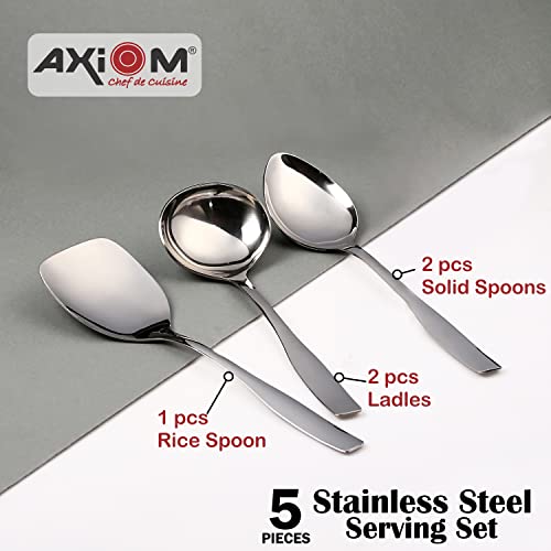 Axiom Serving Spoons Stainless Steel 5 Piece Heavy Gauge Non-Stick Set of 2 Soup Ladle (Karchi), 2 Solid Spoon (Chamcha) and 1 Rice Spoon for Serving Soup/Curry/Dal/Rice/Pasta - 27 Cm - Image 2