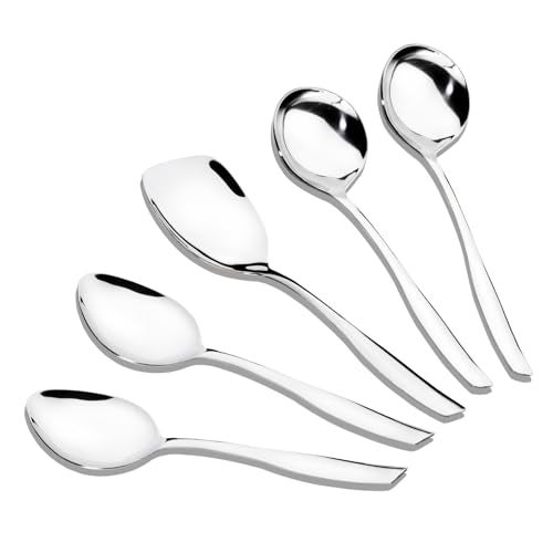 Axiom Serving Spoons Stainless Steel 5 Piece Heavy Gauge Non-Stick Set of 2 Soup Ladle (Karchi), 2 Solid Spoon (Chamcha) and 1 Rice Spoon for Serving Soup/Curry/Dal/Rice/Pasta - 27 Cm - Image 1