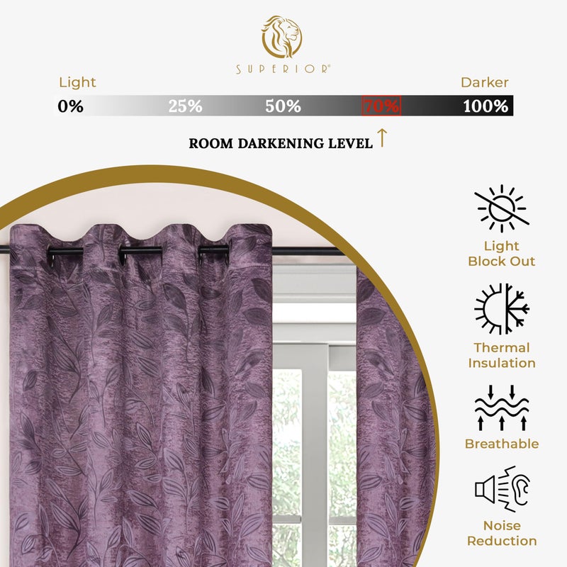 Superior Blackout Curtains, Room Darkening Window Accent for Bedroom, Sun Blocking, Thermal, Modern Bohemian Curtains, Leaves Collection, Set of 2 Panels, Rod Pocket - 26 in x 63 in, Wisteria - Image 3