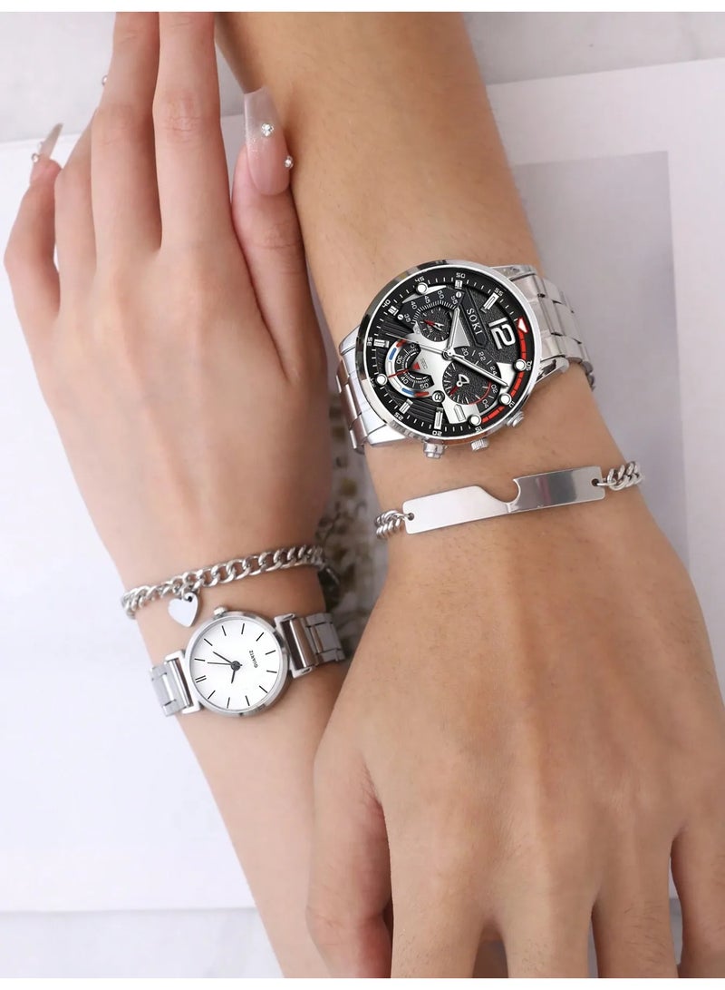سوكي ساعات يد طقم ساعتين وسوارين لتنسيق متكامل  للأزواج طقم ساعات كوارتز و اساور مصنوعه من الفولاذ المقاوم للصدأ  مثالي للمناسبات الخاصة مثل ذكرى الزواج أو يوم الحب وهدايا اعياد الميلاد - Image 5