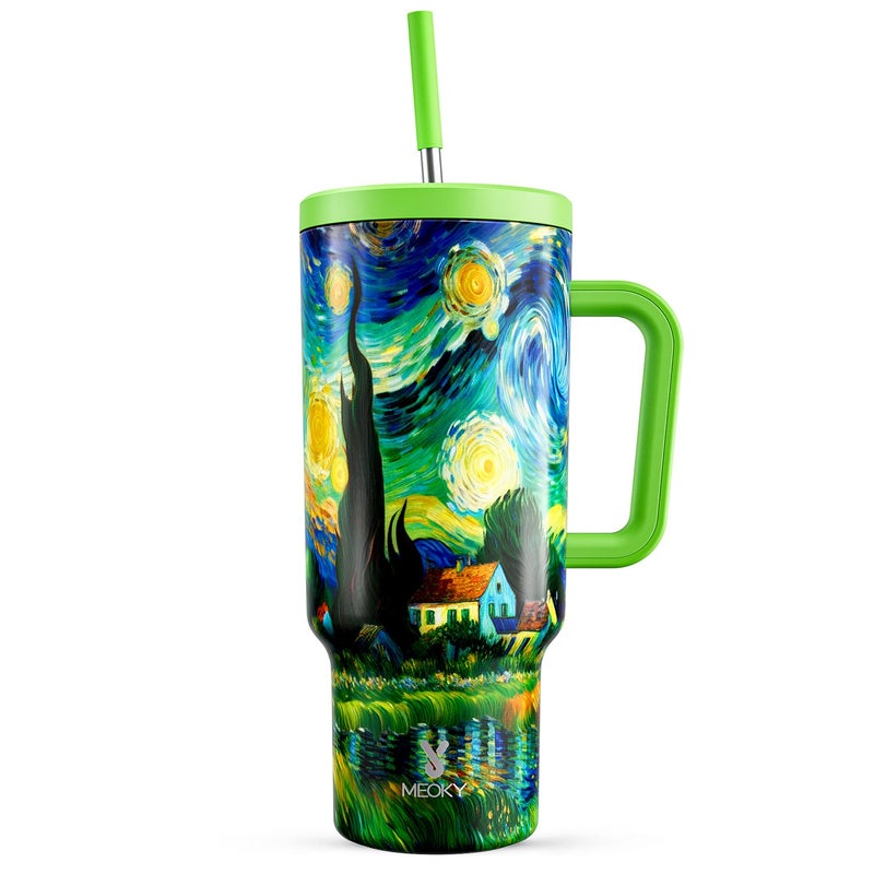 Meoky 40 oz Tumbler with Handle and Straw: Stainless Steel Insulated Tumbler with Lid and Straw - 100% Leak Proof Tumbler for Car Cup Holders - Travelers Commuters Workers, Cottage - Image 1