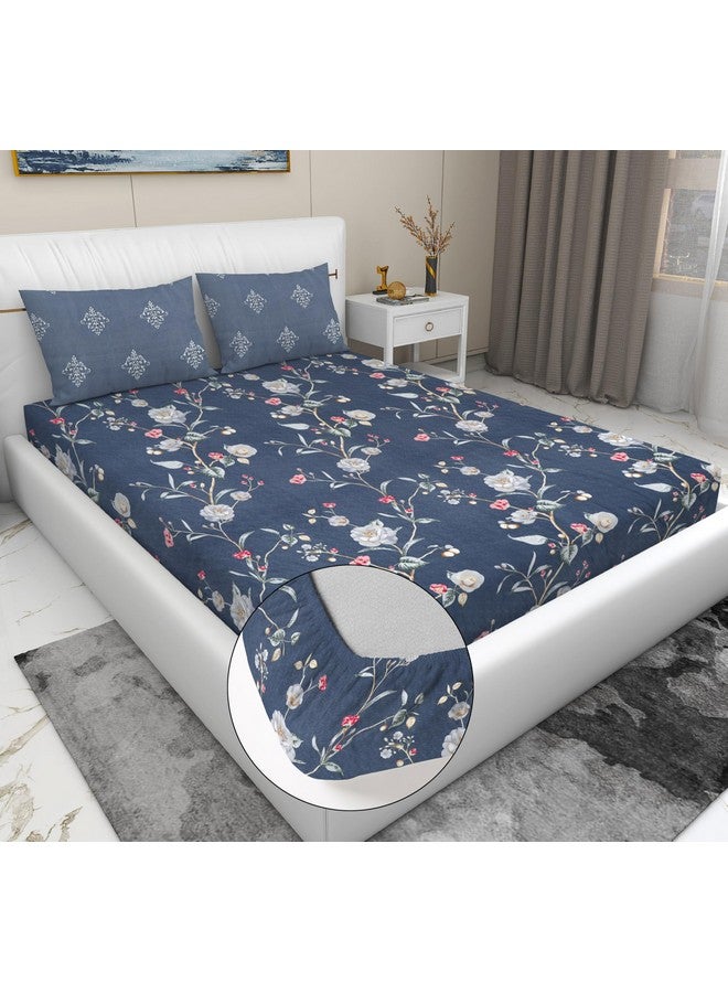 RD TREND® Presents Luxurious Glace Cotton Super Soft 210 TC 360° Elastic Fitted Bedsheet King Size (78X72X8 Inch) with 2 Pillow Covers, Color- Grey Pink Pattern-Floral - Image 1