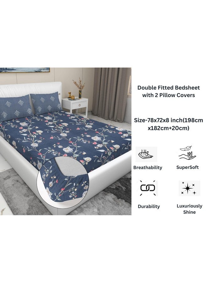 RD TREND® Presents Luxurious Glace Cotton Super Soft 210 TC 360° Elastic Fitted Bedsheet King Size (78X72X8 Inch) with 2 Pillow Covers, Color- Grey Pink Pattern-Floral - Image 2