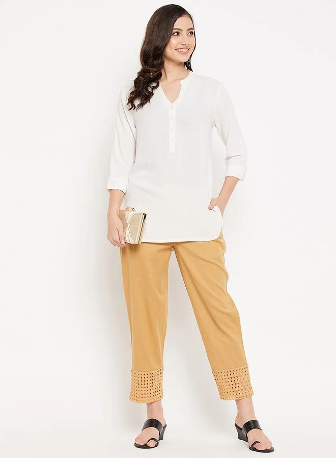 Winered Women Beige Cotton Ankle Length Straight Pants