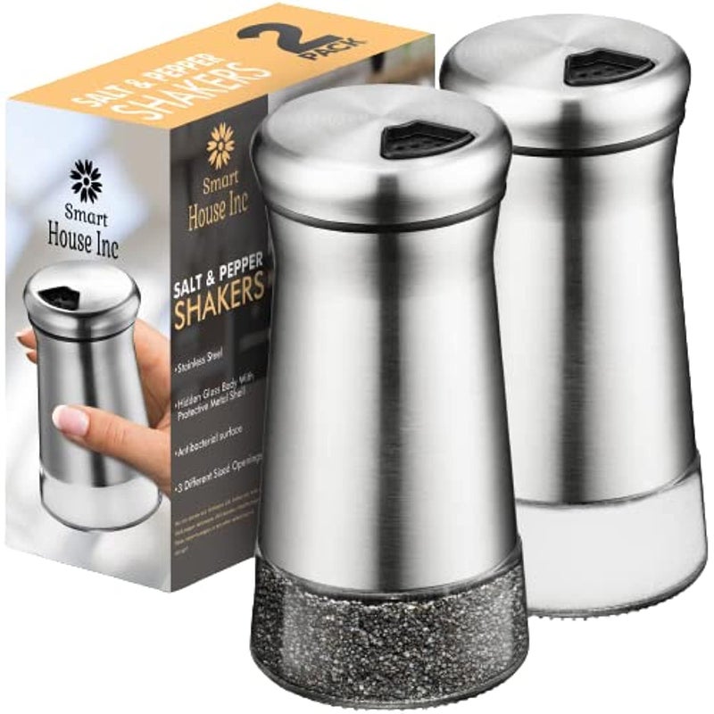 The Original Salt and Pepper Shakers set  Silver Spice Dispenser with Adjustable Pour Holes  Stainless Steel  Glass Set of 2 Bottles