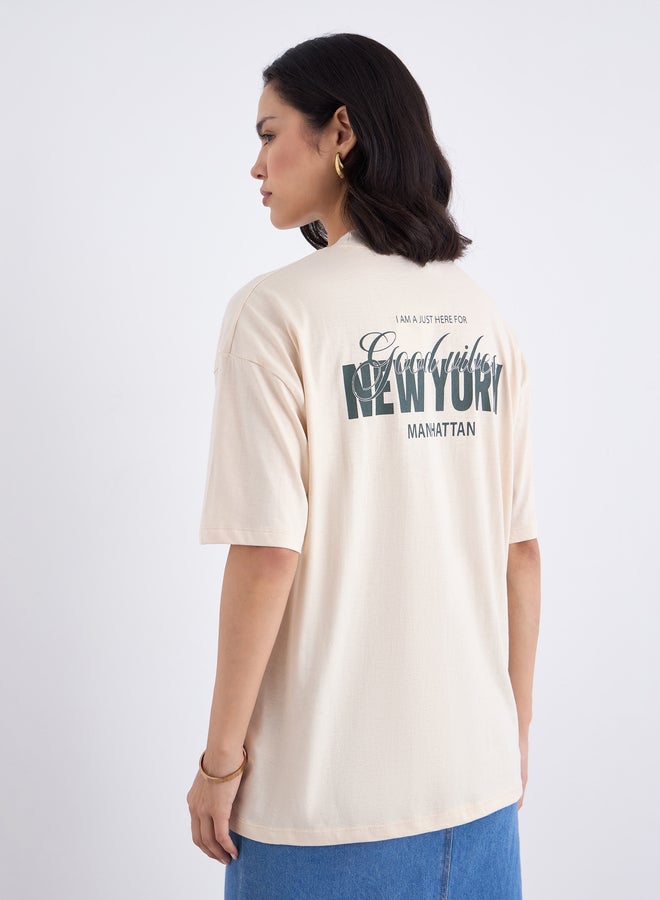 Styli Beige Graphic Print Oversized T-Shirt - Image 5