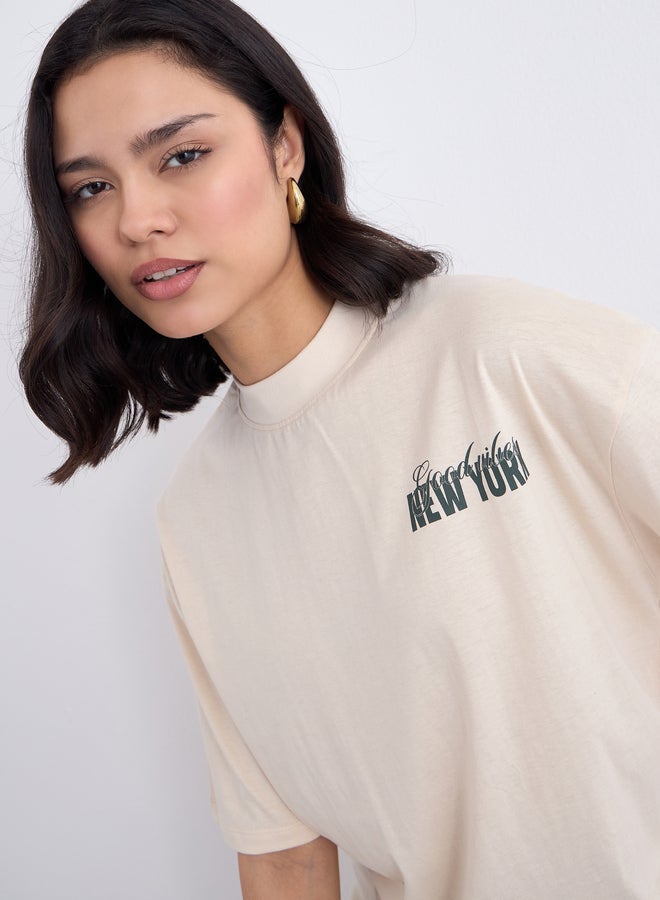 Styli Beige Graphic Print Oversized T-Shirt - Image 4