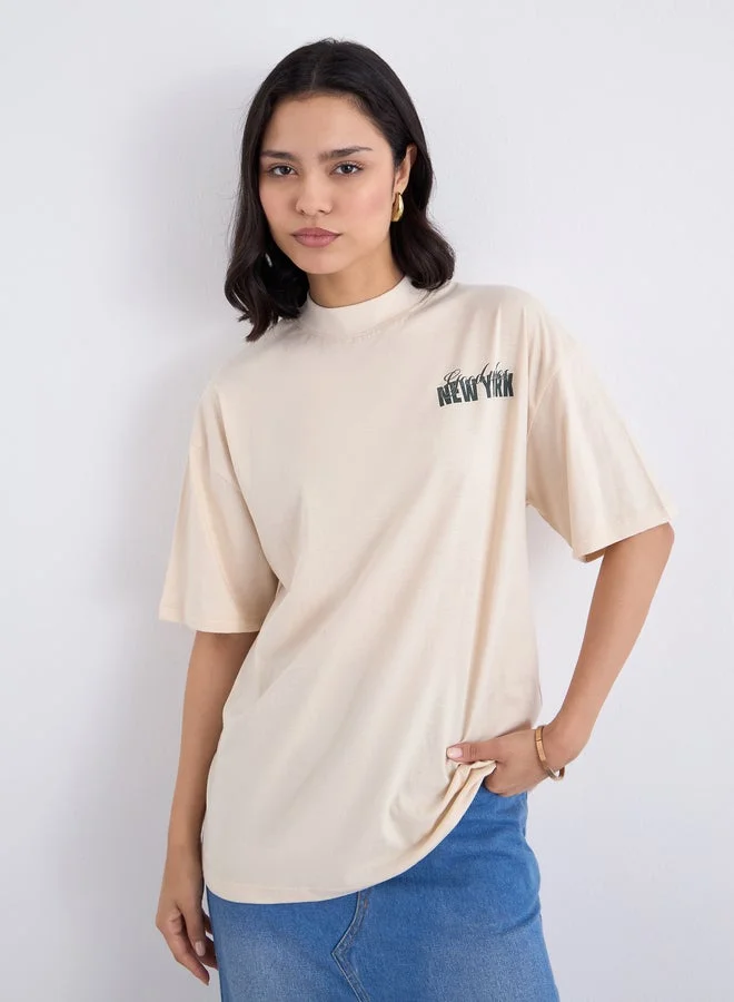 Styli Beige Graphic Print Oversized T-Shirt